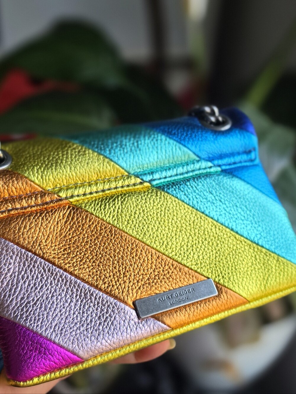 Kurt Geiger Rainbow Chevron Leather Crossbody Bag - Pink Purple Blue Teal Yellow - Picture 6 of 12